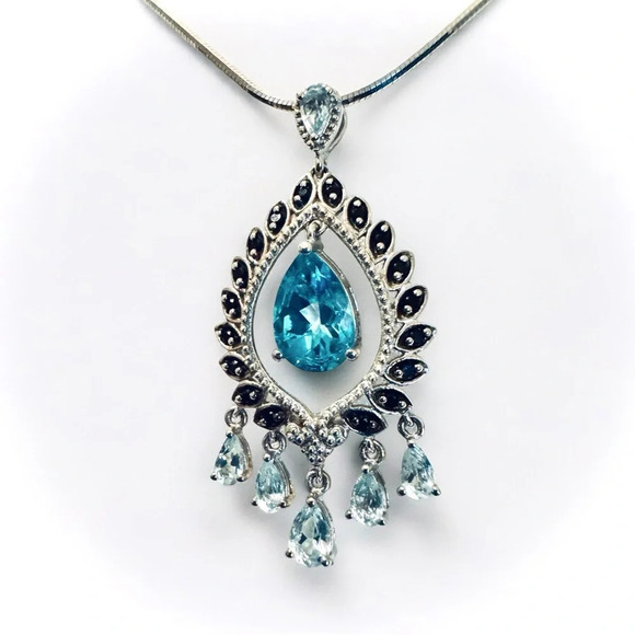 Swiss Blue Topaz|Aquamarine|Onyx Chandelier Sterling Silver Pendant - Picture 5 of 13